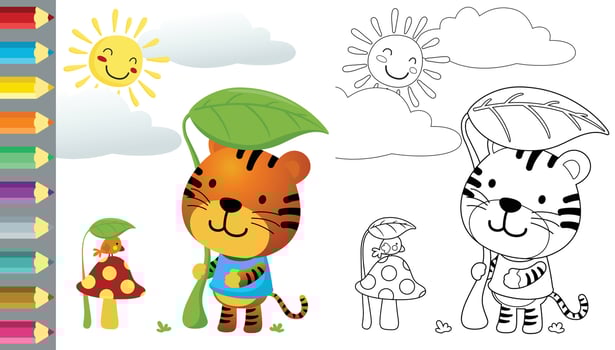 Vector cartoon of funny tiger and little bird hiding from blazing sun using leaf, coloring book or page