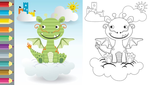 Vector cartoon of dragon sitting on cloud, fairytale elements, coloring book or page