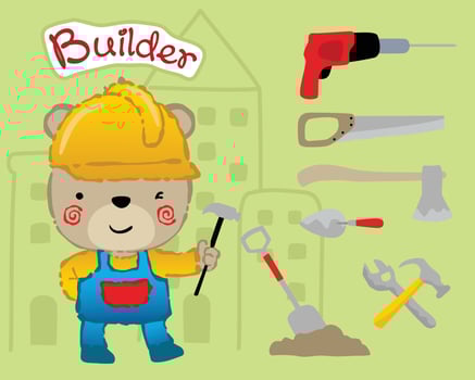 Vector cartoon of bear in builder costume with builder tools