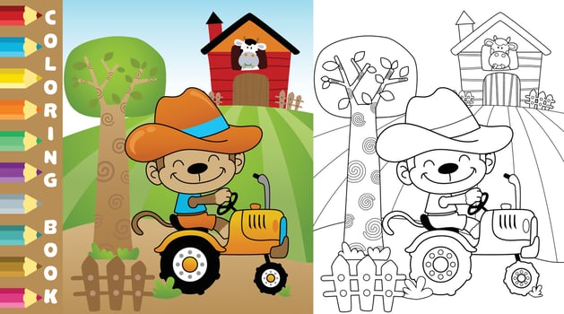 Coloring page or book of funny monkey driving tractor in farm yard, farming elements, vector cartoon illustration
