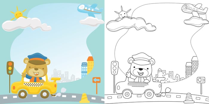 Vector cartoon of cute bear driving taxi, transport elements, coloring book or page