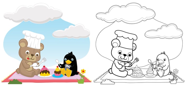 Vector cartoon of funny bear with penguin enjoying cake dish on rug, coloring book or page