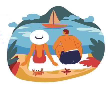 Couple sitting on bank of river or sea, landscape vector