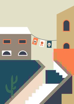 City street with stairs and facades of houses vector