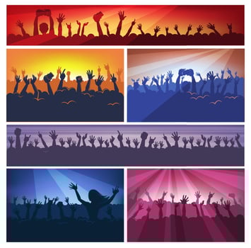 Crowd holding hands, silhouette on music concert vector