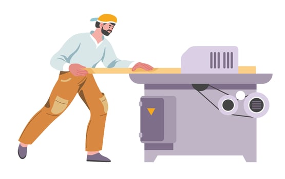 Carpenter using saw machine, woodworker vector