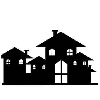 City illustration, roofs and chimneys, group of houses, vector icon, black silhouette