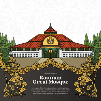 Yogyakarta Landmark Kauman Great Mosque with javanese ornament illustration vector