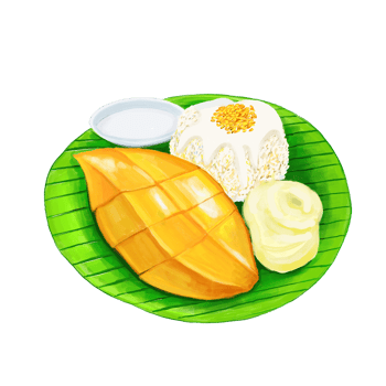 Watercolor and drawing for mango sticky rice with vanilla ice cream and coconut milk. Thai cuisine and dessert. Digital painting of food illustration regional Food png