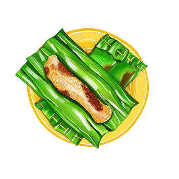 Watercolor and drawing for grilled sticky rice with banana leaf . Thai cuisine and dessert. Digital painting of food illustration. Regional Foods Concept. png