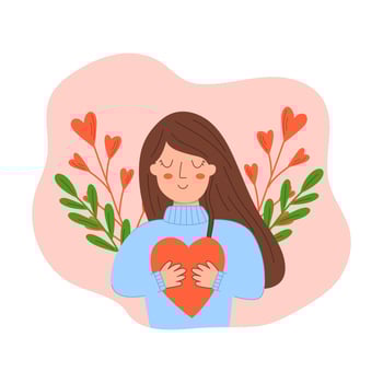 Love yourself concept with Young Woman holding a Heart. Mental Healthcare. Self-love. Flat Vector illustration of a portrait of a girl holding a heart with her own hands