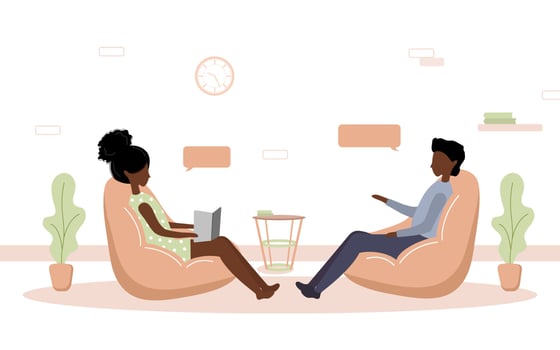 Psychotherapy practice and psychological help. African woman supports boy with psychological problems. Therapy and counselling for people under stress and depression. Vector in flat style.