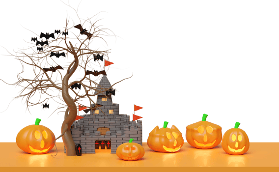 3d halloween pumpkin holiday party with haunted castle, flying bats, Scared Jack O Lantern and candle light in pumpkin for happy halloween, 3d render illustration, isolated. png