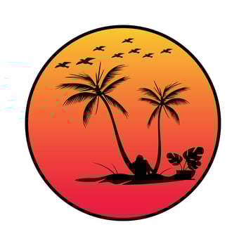 Tropical sunset with palm trees logo, alone men vector illustration