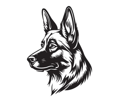 german shepherd Face, Silhouette Dog Face, black and white german shepherd vector