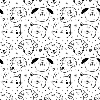 Cute seamless pattern with cats and dogs on white background. Vector hand-drawn illustration in doodle style. Perfect for print, decorations, wrapping paper, wallpaper.