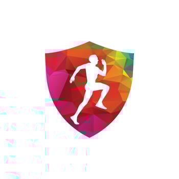 Runner man in shield  vector logo design template. Athlete running vector logo design.