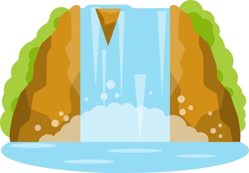 Waterfall on mountain. Rocks and water. Tropical island. Summer season, Southern landscape. Cartoon flat illustration. Pond and lake. Water falls down vector