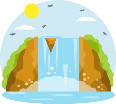 Waterfall on mountain. Rocks and water. Tropical island. Summer season, Southern landscape. Cartoon flat illustration. Pond and lake. Water falls down vector