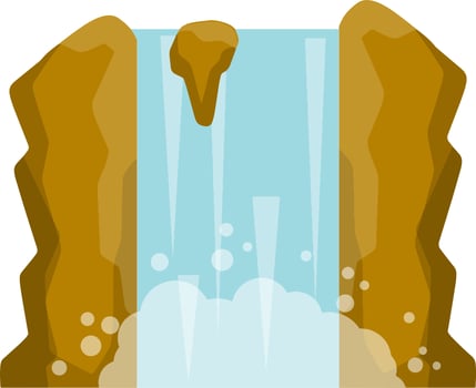 Waterfall on mountain. Rocks and water. Tropical island. Summer season, Southern landscape. Cartoon flat illustration. Pond and lake. Water falls down vector