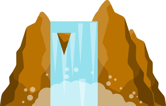 Waterfall on mountain. Rocks and water. Tropical island. Summer season, Southern landscape. Cartoon flat illustration. Pond and lake. Water falls down vector