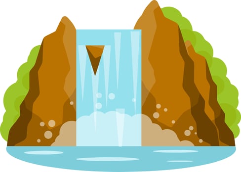 Waterfall on mountain. Rocks and water. Tropical island. Summer season, Southern landscape. Cartoon flat illustration. Pond and lake. Water falls down vector