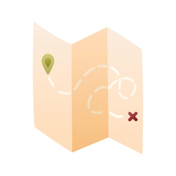 Vector isolated illustration on white background. Cartoon gradient map with route. Camping equipment.