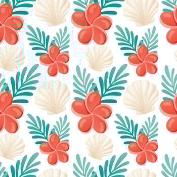 Vector cartoon seamless summer pattern. Bright tropical wallpaper with seashells, green leaves and plumeria flowers. Background for vacation and beach holiday themes.
