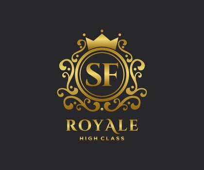 Golden Letter SF template logo Luxury gold letter with crown. Monogram alphabet . Beautiful royal initials letter. vector