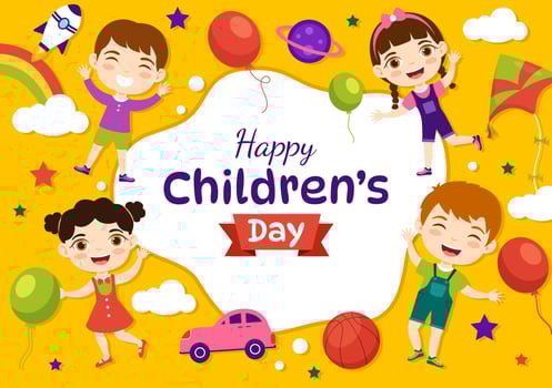 Happy Children Day Vector Illustration with Boy and Girl Kids in Toys on Background Flat Cartoon Hand Drawn for Web Banner or Landing Page Templates