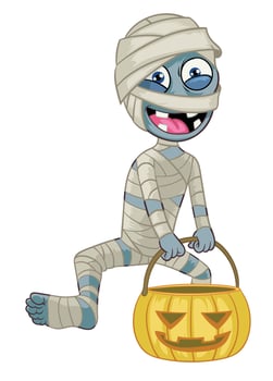 cartoon mummy character hold the halloween pumpkin vector