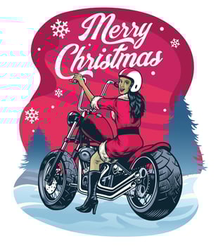 chrismas greeting women in santa claus costume riding chopper motorcycle vector