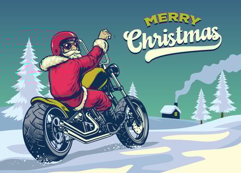 vintage style hand drawn of santa claus riding chopper motorcycle vector