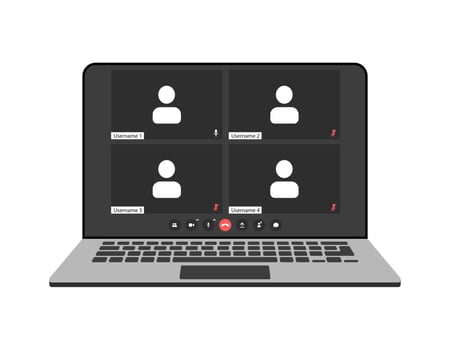 Videocall interface, video call screen icons and UI template for laptop, vector overlay. Video conference or videocall online chat mockup for laptop application with call buttons