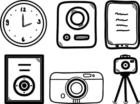 Set of hand drawn doodle icons of camera, alarm clock, smart phone, photo camera. Vector illustration