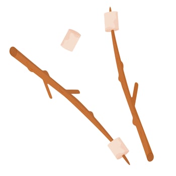 Picnic, hiking, camping, hiking. Marshmallows on sticks for baking over a fire. Vector illustration in the flat style. Isolated on a white background.