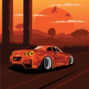 an illustration, red car and the sunset vector