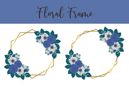 Floral Frame Blue Rose flower Design Template, Digital watercolor hand drawn vector