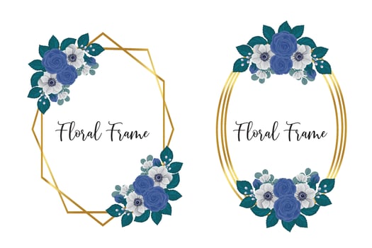 Floral Frame Blue Rose flower Design Template, Digital watercolor hand drawn vector