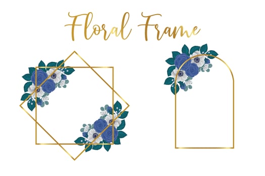 Floral Frame Blue Rose flower Design Template, Digital watercolor hand drawn vector