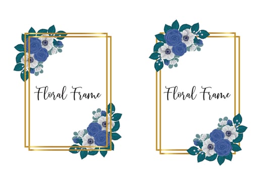 Floral Frame Blue Rose flower Design Template, Digital watercolor hand drawn vector