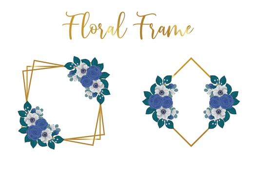 Floral Frame Blue Rose flower Design Template, Digital watercolor hand drawn vector