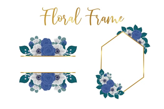 Floral Frame Blue Rose flower Design Template, Digital watercolor hand drawn vector