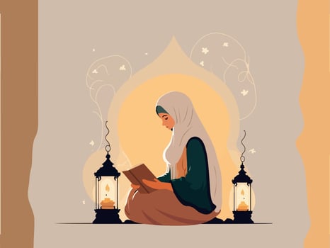 Muslim Young Woman Character Reading Holy Book In Sitting Pose Near Illuminated Lamps Against Background And Copy Space. Islamic Religious Concept. vector