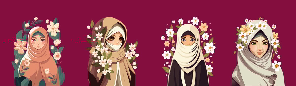 Muslim Young Women Characters Wearing Hijab And Decorative Floral On Dark Pink Background. vector