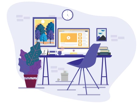 office workplace painting desk computer chair icons sketch vector