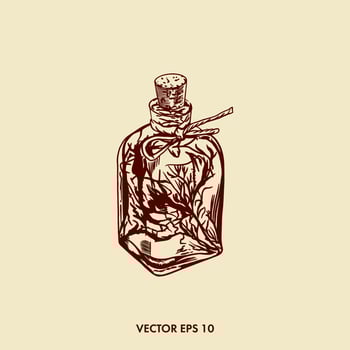 Herbs set, ginseng. Glass bottle with tincture. Vector vintage illustration for traditional medicine. Pharmaceutical herbs.
