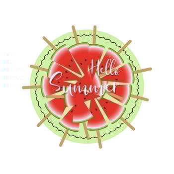 Hello Summer inscription with slices watermelon round background. vector