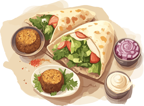 Falafel with Pita bread, sauce and vegetables hand drawn illustration, middle eastern cuisine png