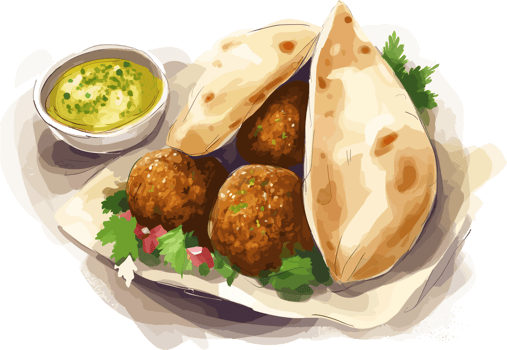 Falafel with Pita bread and sauce hand drawn illustration, middle eastern cuisine png